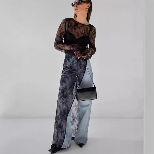 Damen transparente Spitzenbluse mit langen Ärmeln und lässigem Rückenausschnitt EB