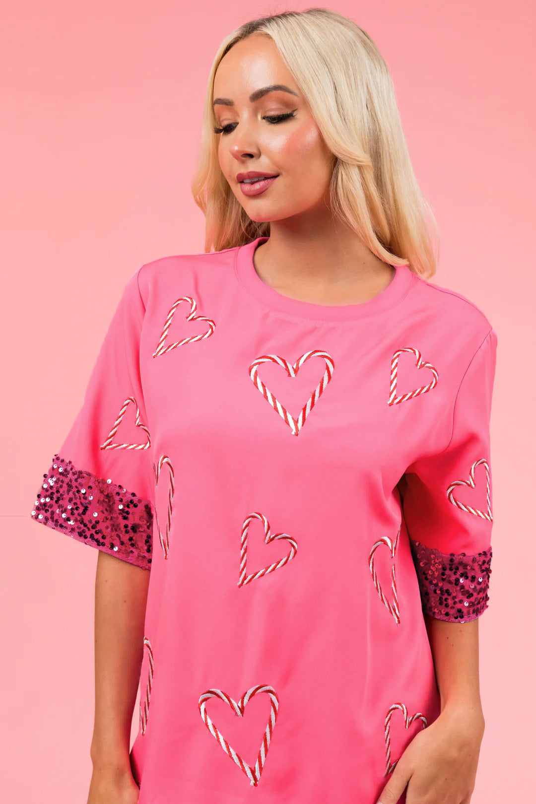 Damen Oversized T-Shirt mit Glitzer-Ärmeln und Herz-Muster EB