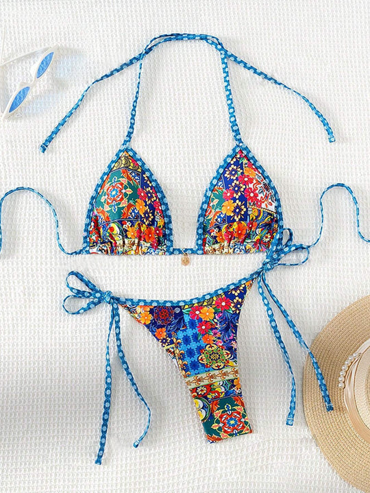 Damen Triangel-Bikini mit floralem Design und verstellbaren Bändern EB
