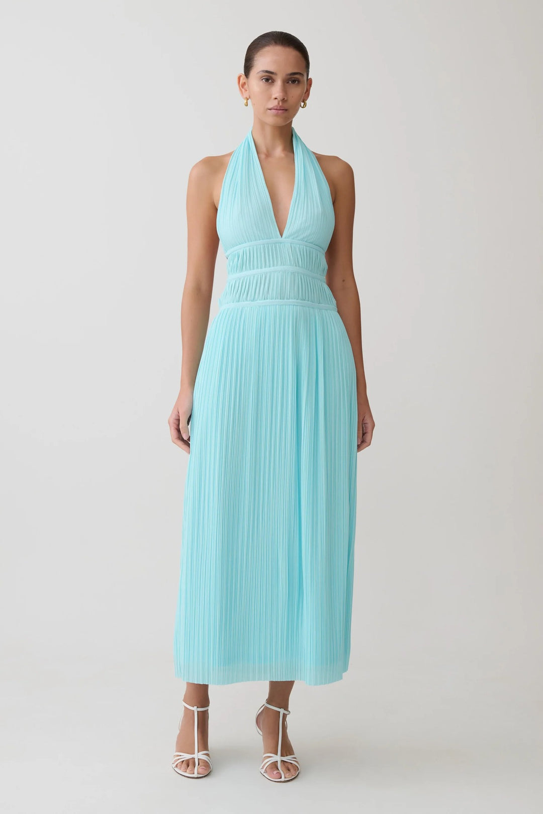 Damen Fließendes Maxikleid mit tiefem V-Ausschnitt und Plisseedetails EB