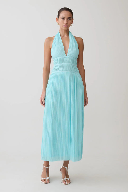 Damen Fließendes Maxikleid mit tiefem V-Ausschnitt und Plisseedetails EB