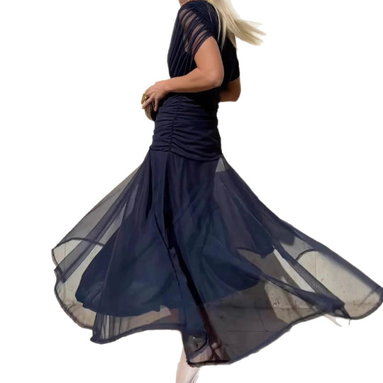 Damen nan fließendes Abendkleid mit transparentem Chiffon-Capelet, V-Ausschnitt und taillierter Drapierung EB