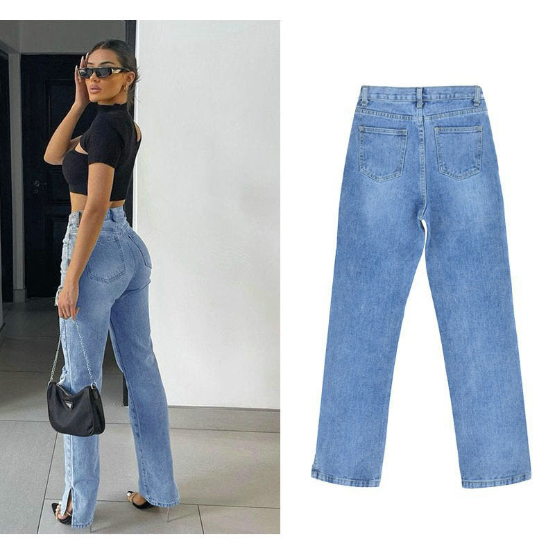 Damen lässige Ripped Jeans mit hoher Taille und modernen Fransen EB