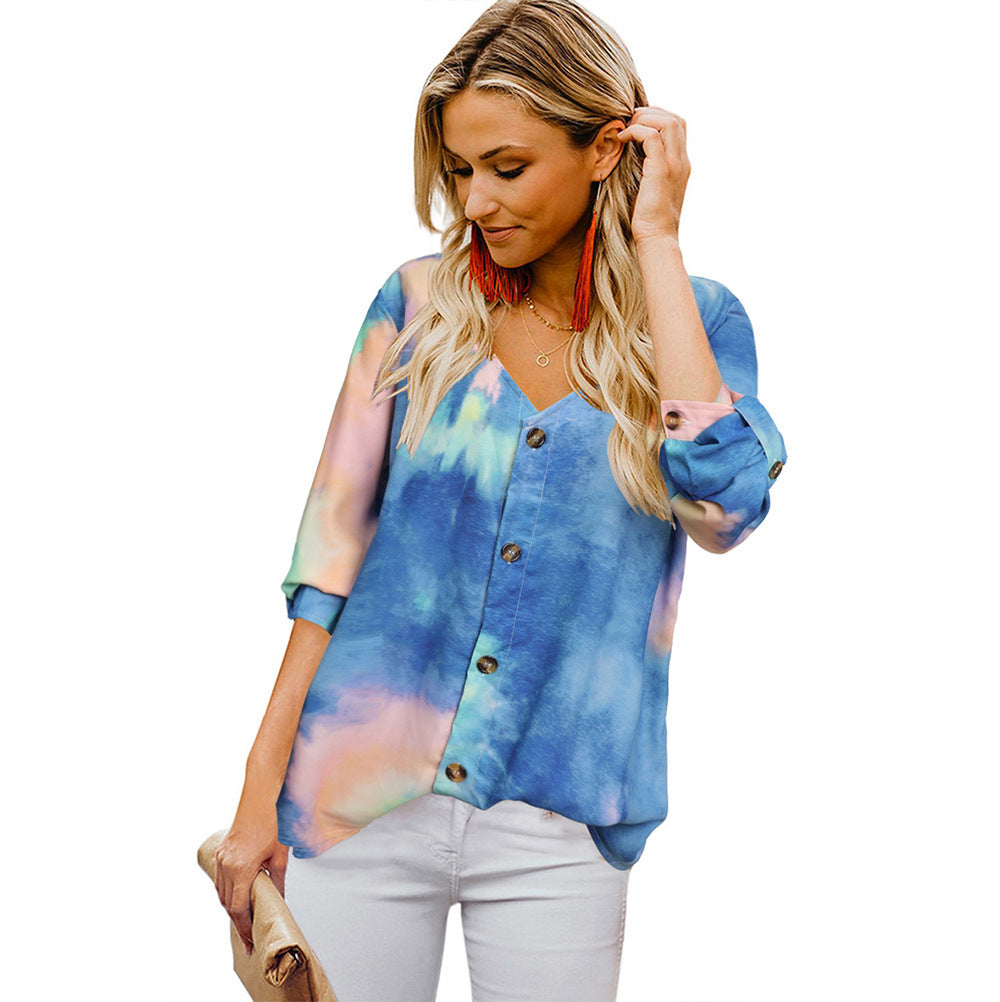 Damen Lässige Bluse mit buntem Farbverlauf und umschlagbaren Ärmel EB