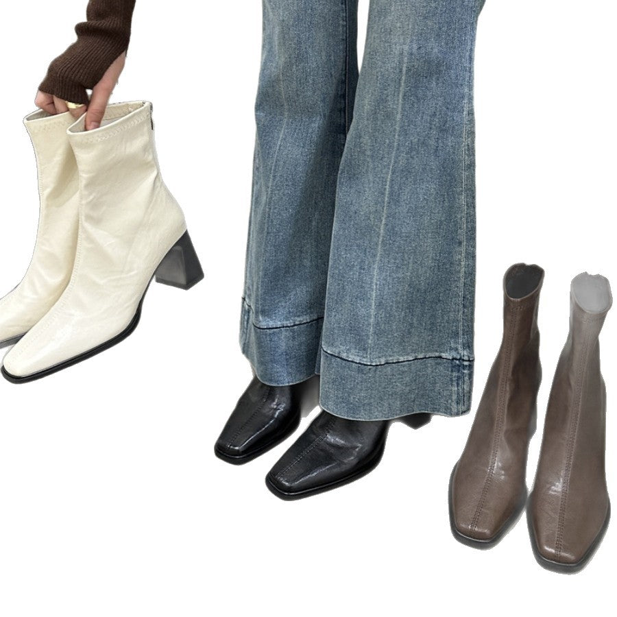 Damen Trendige Ankle Boots mit hohem Blockabsatz und edler Lederoberfläche EB