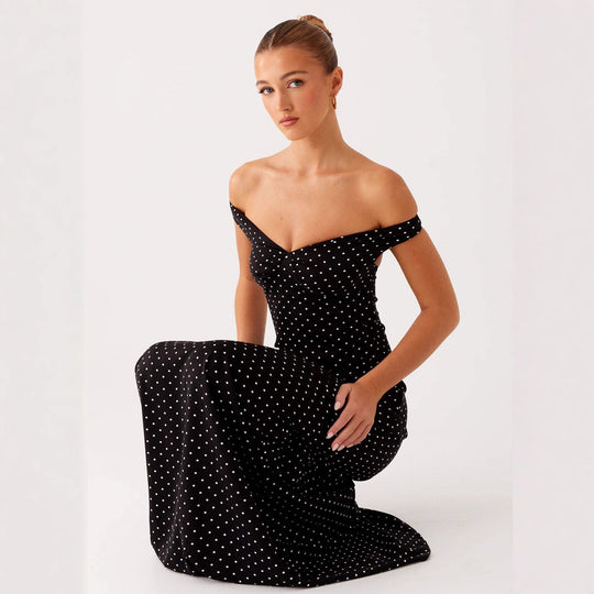 Damen Abendkleid mit Off-Shoulder-Design und elegantem Punktmuster EB