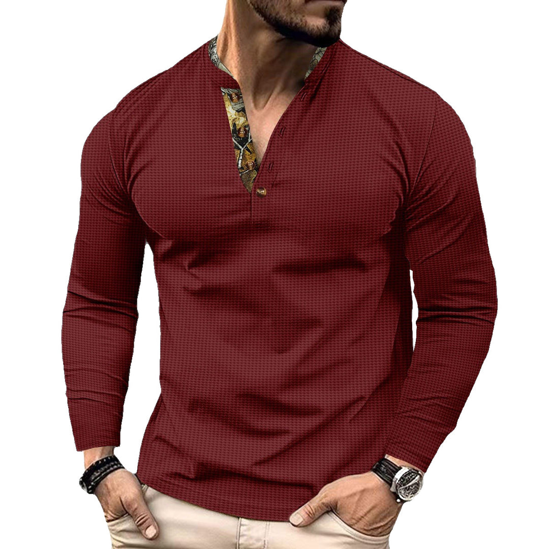 Herren nan langärmeliges Henley-Shirt mit Stehkragen und gemustertem Knopfleistenbesatz EB