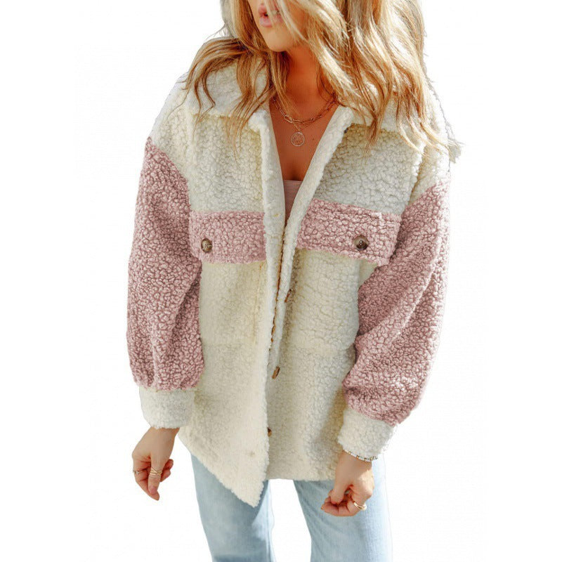 Damen Kuschelige Teddyjacke mit Kontrast-Ärmeln EB