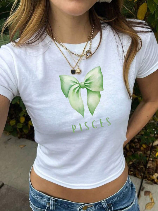 Damen Crop-Shirt mit charmantem Schleifenmotiv und astrologischem Druck EB