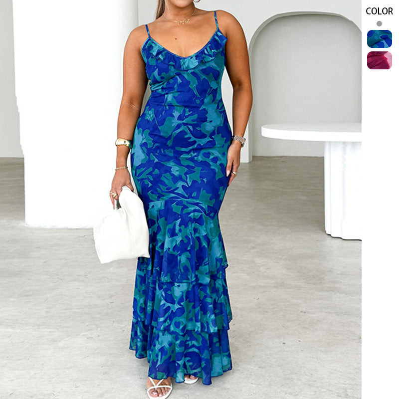 Damen körperbetontes Maxikleid mit Rüschendetails und Spaghettiträgern EB