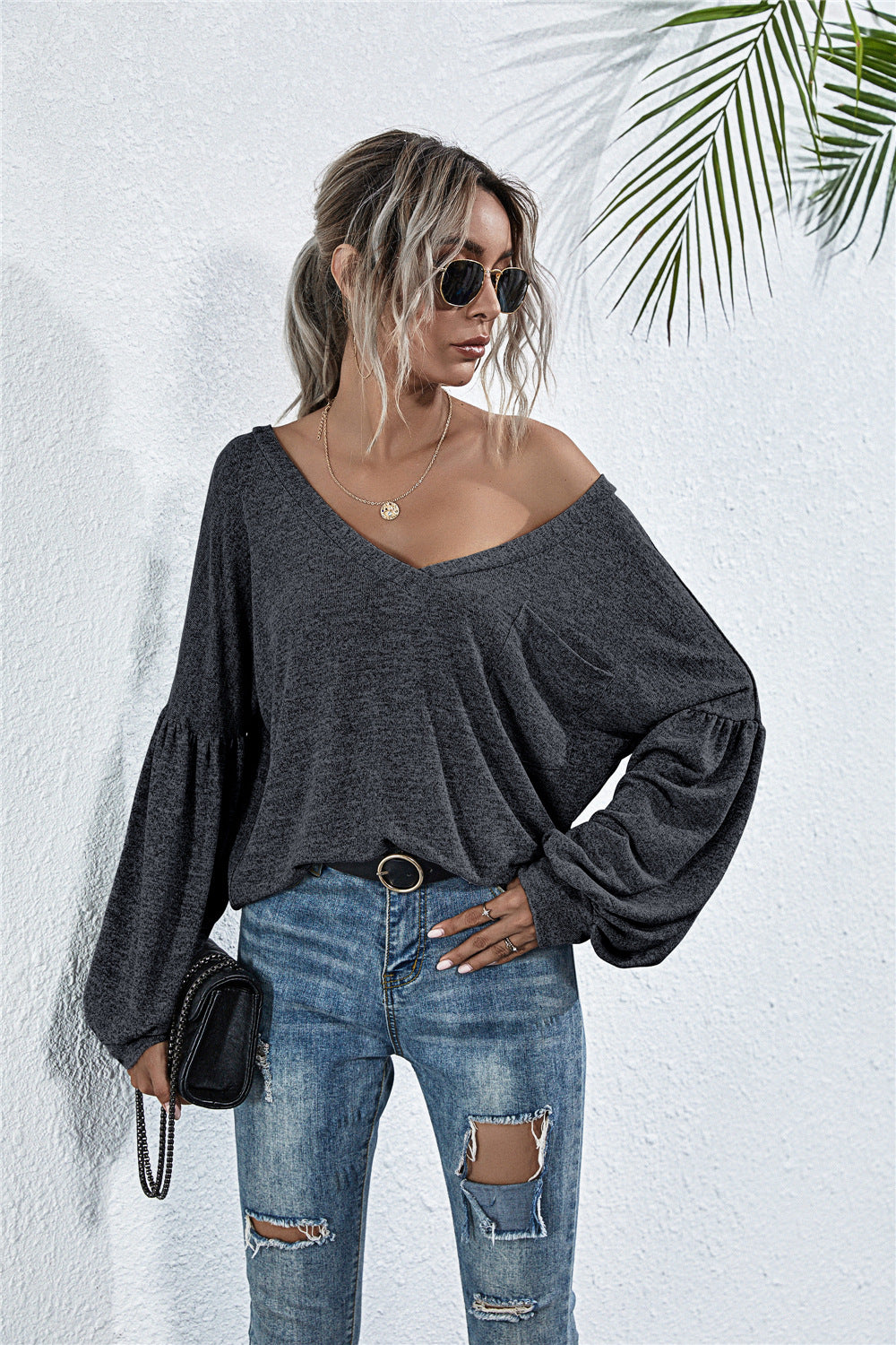 Damen Off-Shoulder Bluse mit voluminösen Ärmeln und modernem Schnitt EB