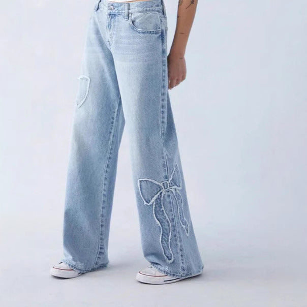 Damen weite High-Waist Denim-Jeans mit Distressed-Details EB
