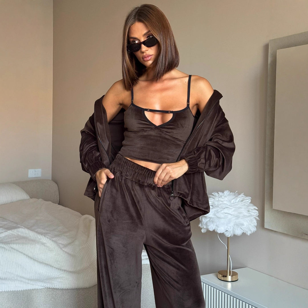 Damen Loungewear-Set mit leichtem Zip-Hoodie, elastischen Bündchen und weiten Palazzo-Hose EB