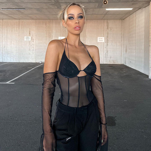 Damen transparentes Oberteil mit langen Ärmeln und Kreuzträgern EB