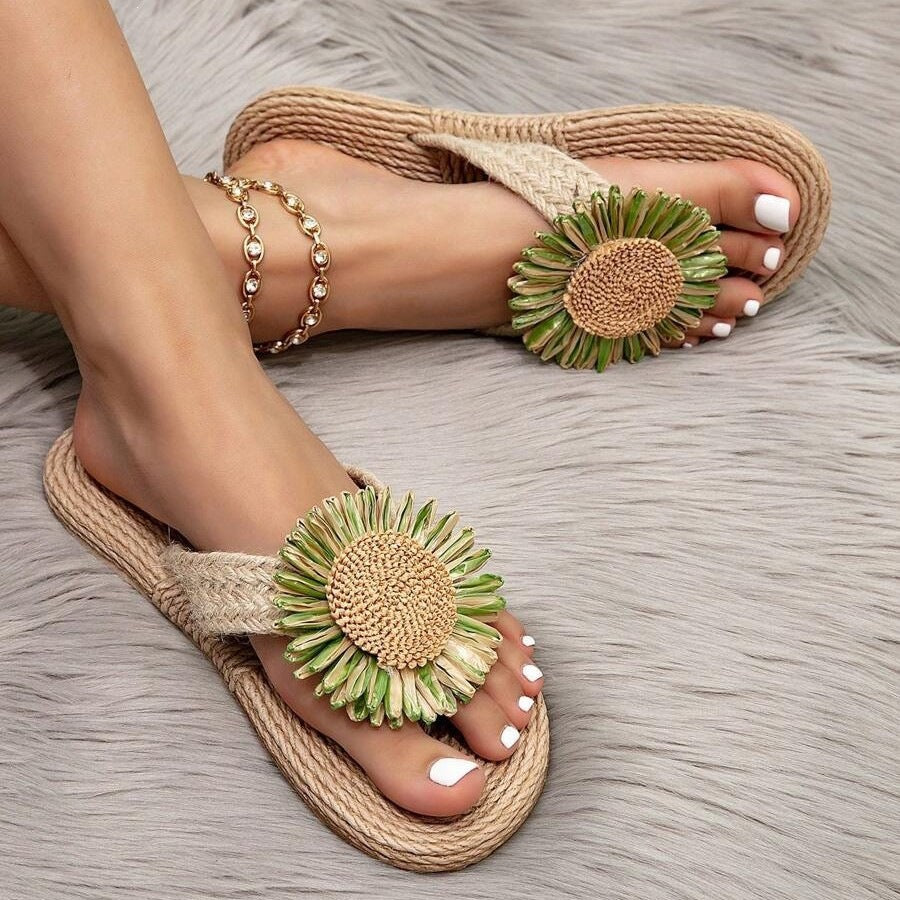 Damen Lässige Zehentrenner-Sandalen mit floralem Dekor EB