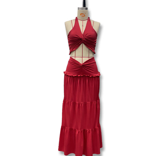 Damen Maxikleid mit raffiniertem Knotendesign und fließendem Rock EB
