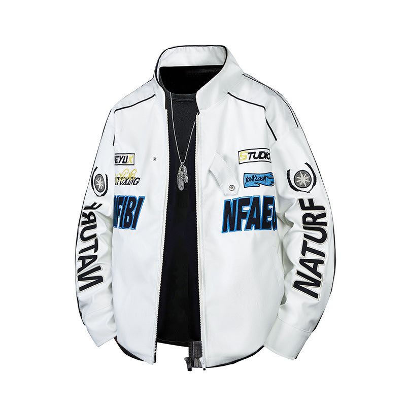 Men's  patch-detail street-style zip-up jacket with stand collar and graphic sleeve prints EB