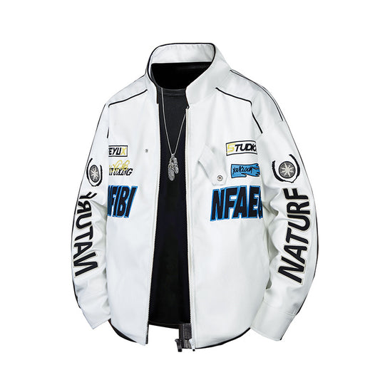Men's  patch-detail street-style zip-up jacket with stand collar and graphic sleeve prints EB