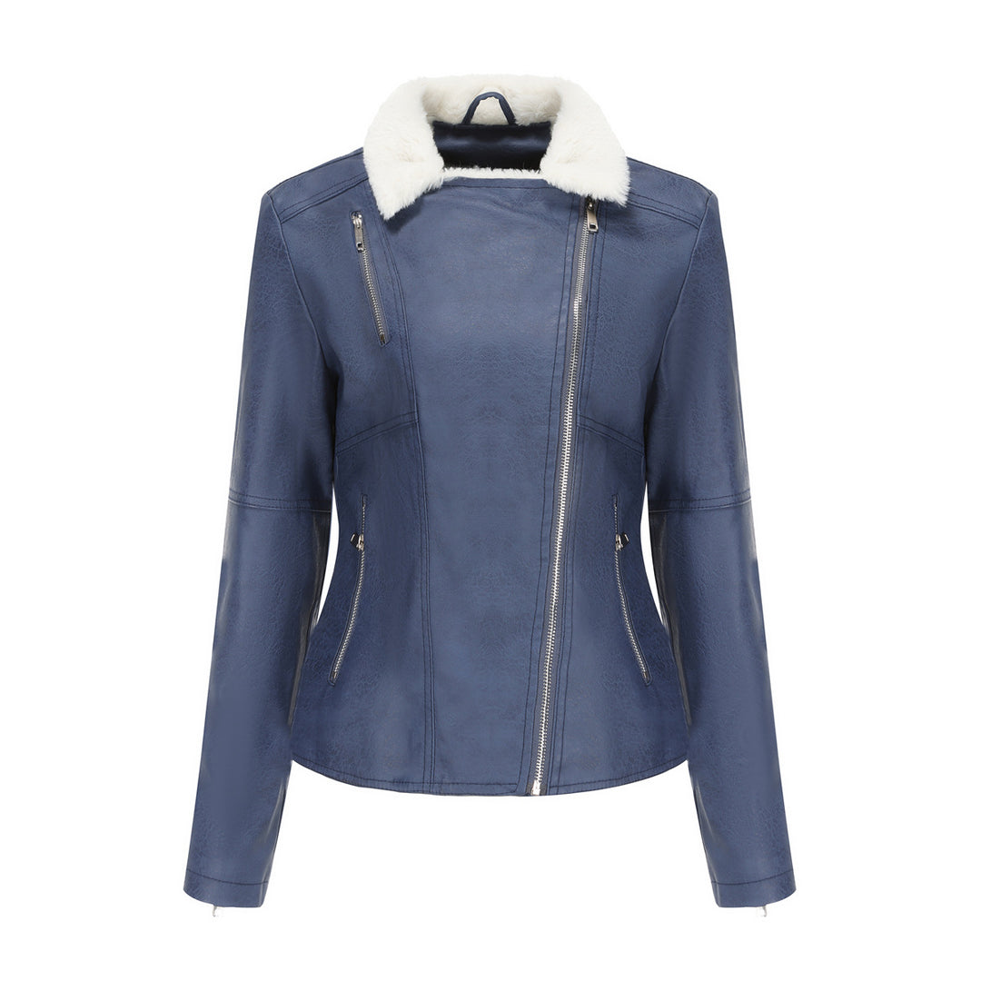 Damen nan taillierte Kunstleder-Bikerjacke mit abnehmbarem Kunstfellkragen und schrägem Reißverschluss EB