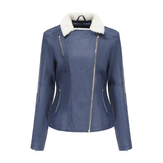Damen nan taillierte Kunstleder-Bikerjacke mit abnehmbarem Kunstfellkragen und schrägem Reißverschluss EB