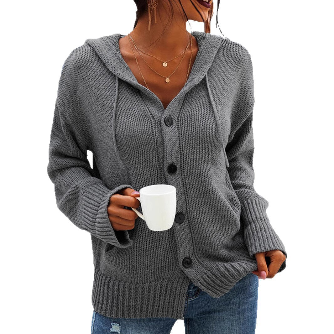 Damen Strickjacke mit Kapuze und knöpfen im lässigen Stil EB