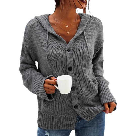 Damen Strickjacke mit Kapuze und knöpfen im lässigen Stil EB