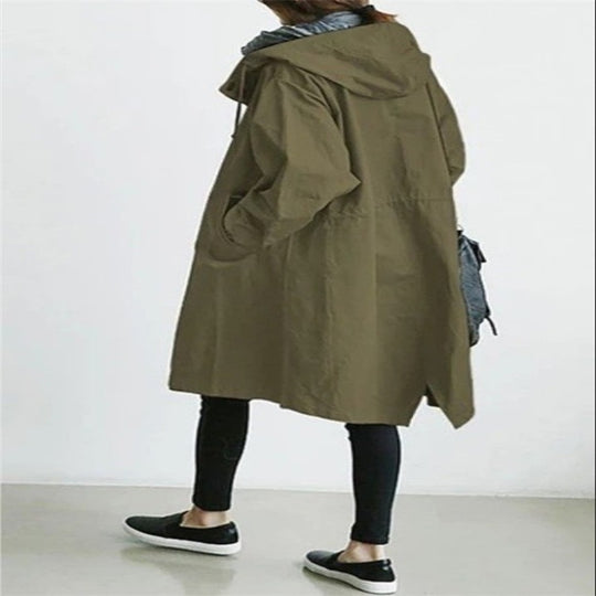 Damen nan leichter oversized Parka-Mantel mit Kapuze, Taillenzug und seitlichem Gehschlitz EB