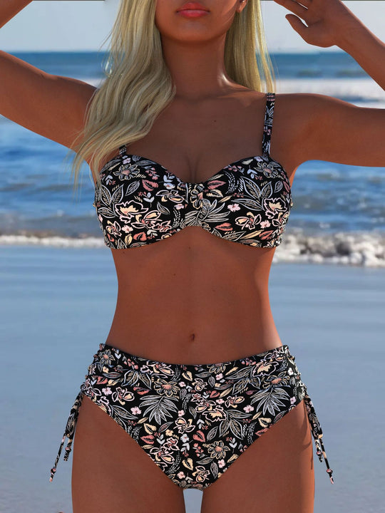 Damen Bandeau-Bikini-Set mit hochgeschnittenem Höschen und tropischem Blütenmuster EB