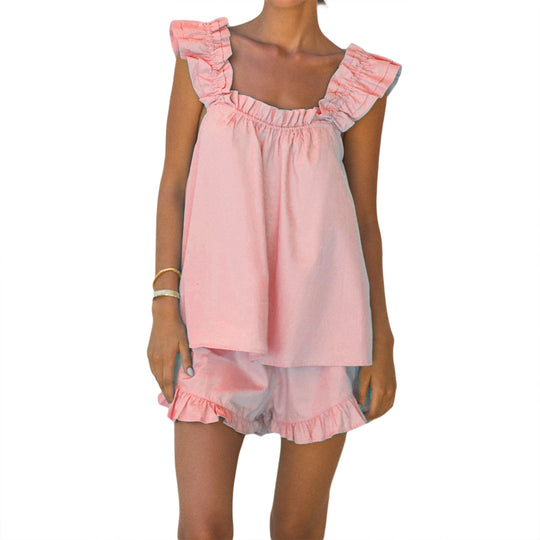 Damen luftiges Top mit Rüschendetails und lässigen Shorts EB