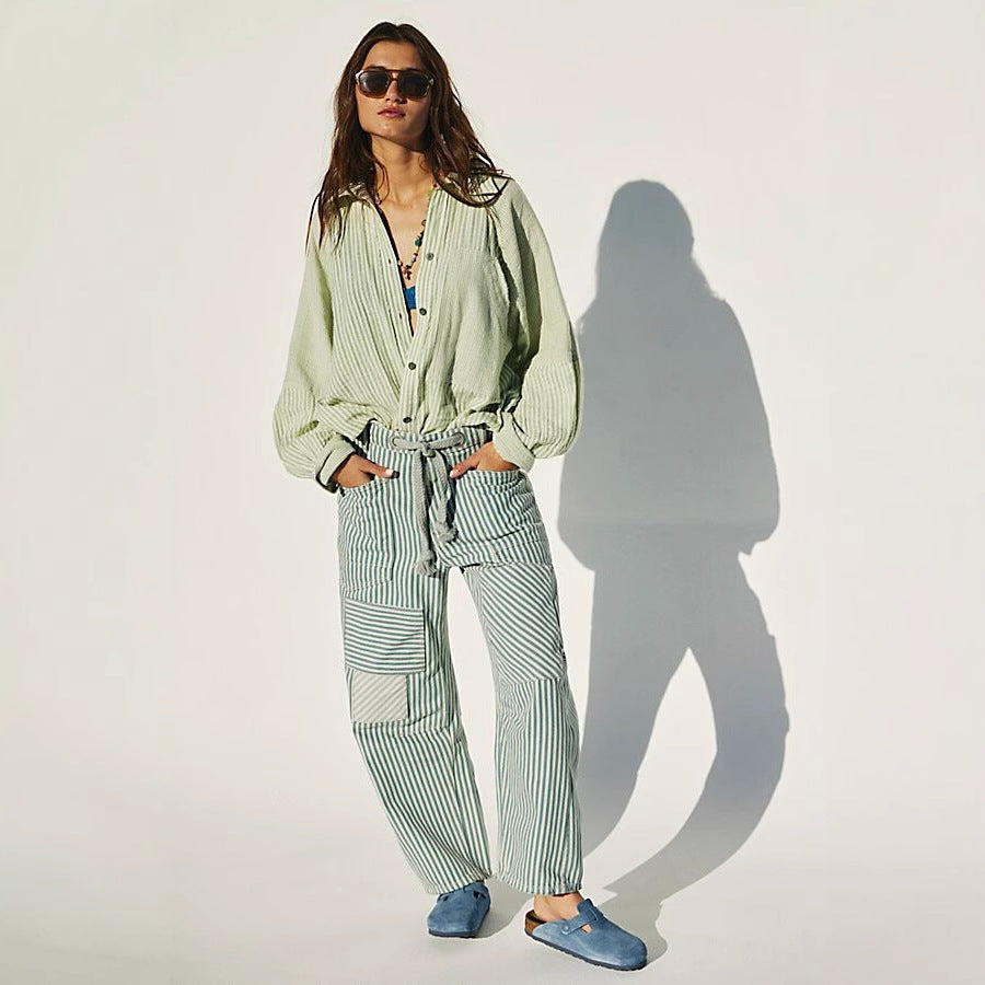 Damen nan lässige gestreifte Leinenhose mit Kordelzug und aufgesetzten Taschen EB