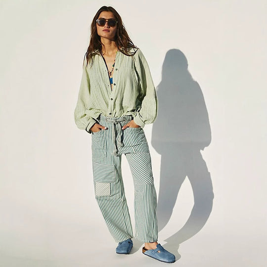 Damen nan lässige gestreifte Leinenhose mit Kordelzug und aufgesetzten Taschen EB