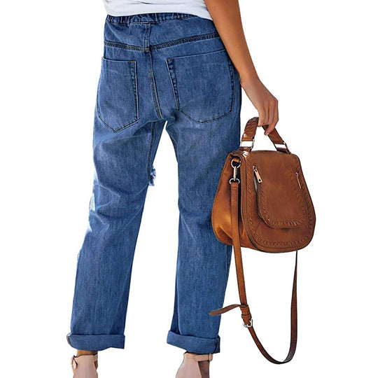 Damen nan lässige Destroyed-Denim-Jogger mit elastischem Kordelbund und aufgesetzten Fronttaschen EB
