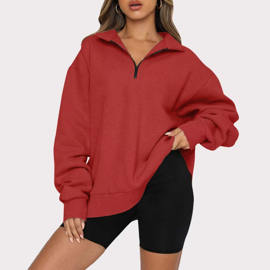 Damen modischer Oversized Pullover mit kurzem Reißverschluss und lässigen Ärmeln EB