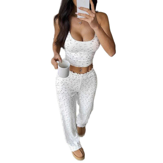 Damen Gemütliches Schlafanzug-Set mit verziertem Top und weiten Hosen EB