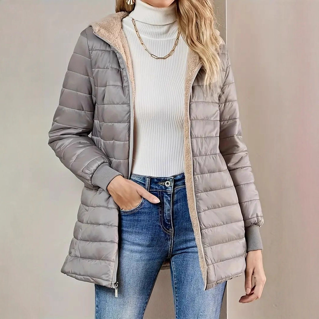 Damen Langer Steppmantel mit Teddyfutter und Kapuze EB