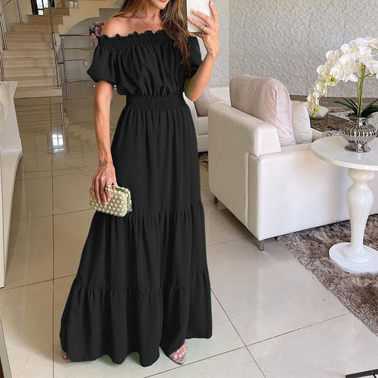 Damen Maxikleid mit schulterfreiem Design und voluminösen Rüschendetails EB