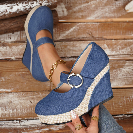 Damen Wedge-Pumps mit schnallenverziertem Fesselriemen und geflochtenem Absatz EB