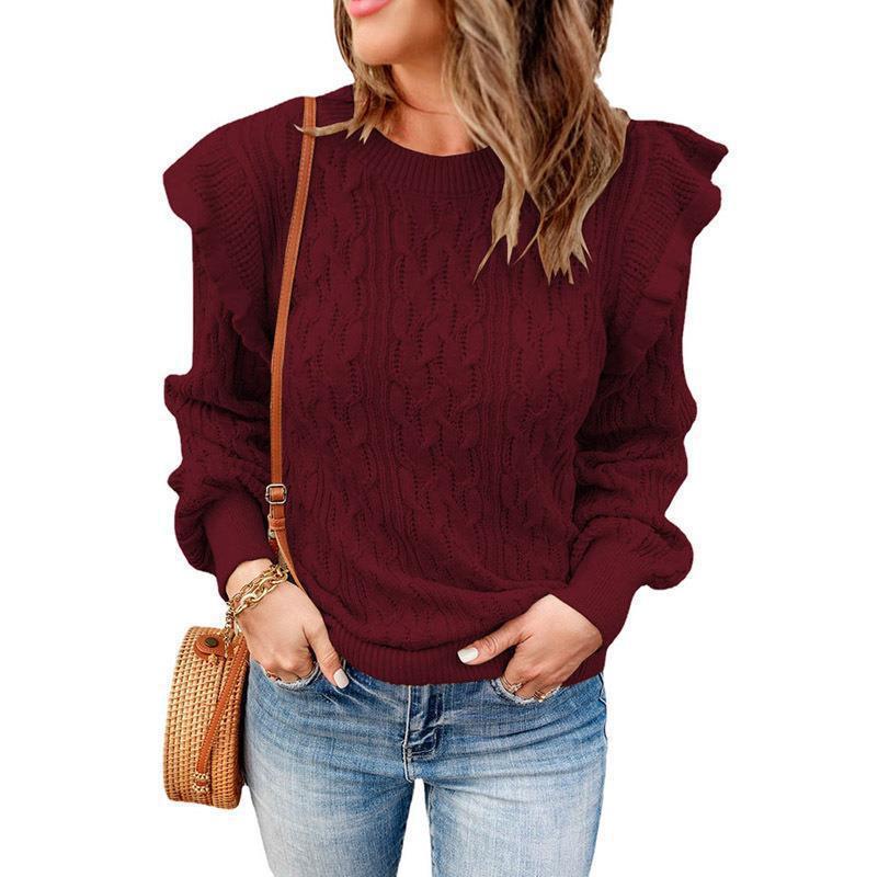 Damen Strickpullover mit Rüschenärmeln und Zopfmuster EB