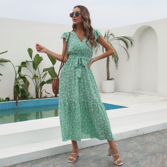 Damen Maxikleid mit floralem Muster und Taillengürtel EB