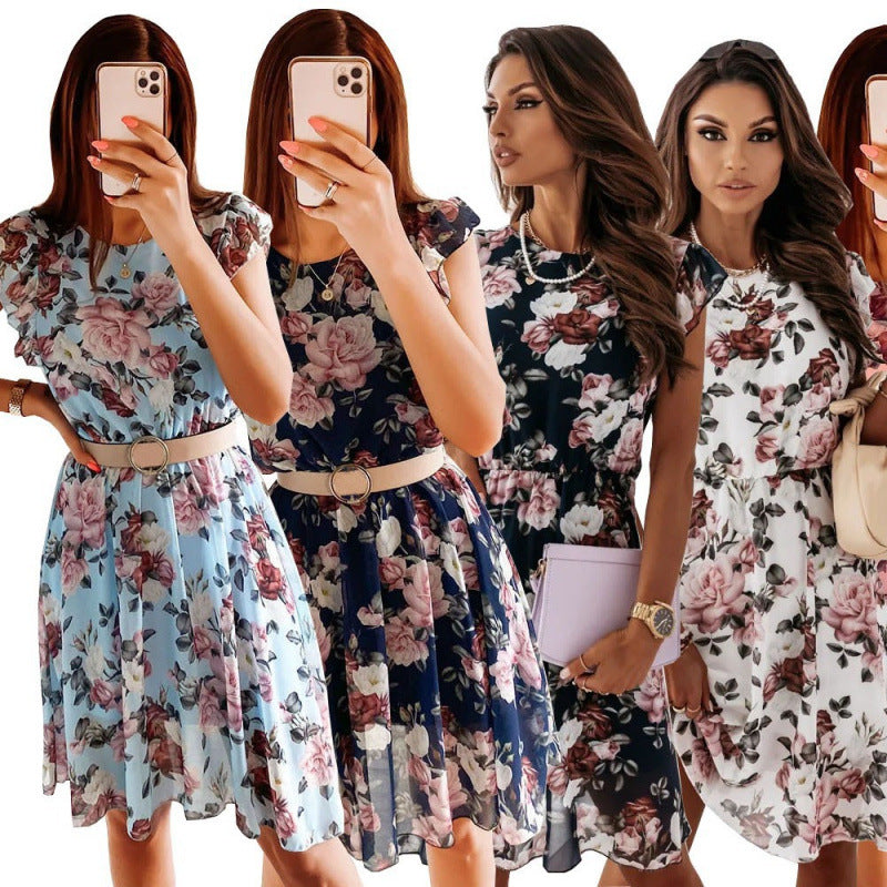 Damen Sommerliches Blumenkleid mit Rüschendetails und Taillengürtel EB