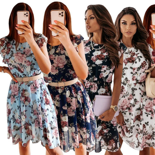 Damen Sommerliches Blumenkleid mit Rüschendetails und Taillengürtel EB