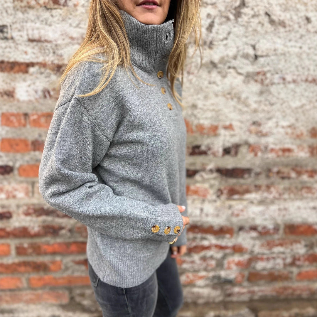 Damen modischer Strickpullover mit Knopfdetails und hohem Kragen EB