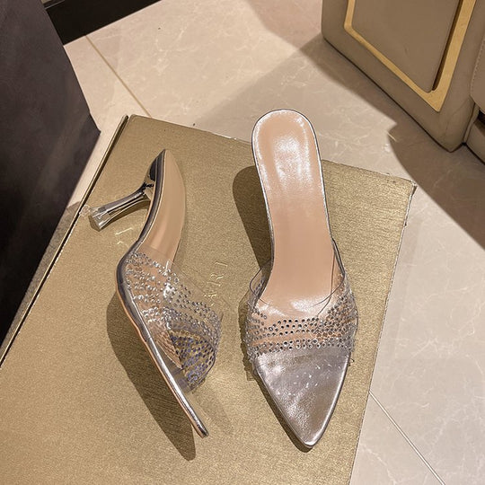 Damen elegante transparente Mules mit strassbesetzten Akzenten EB