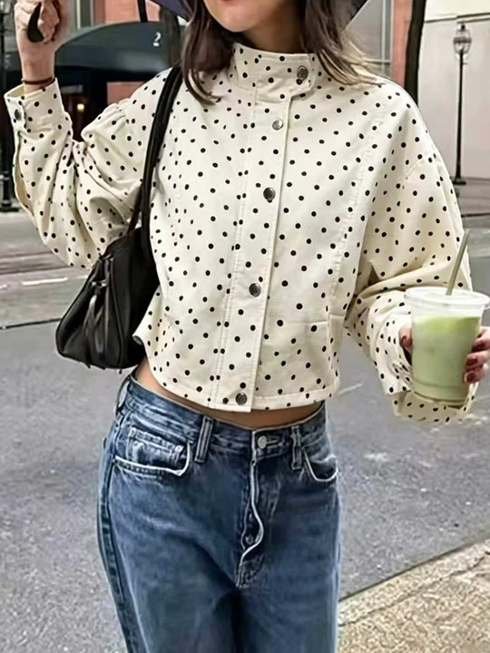 Damen Gepunktete Cropped-Jacke mit Stehkragen, Ballonärmeln und Druckknöpfen EB