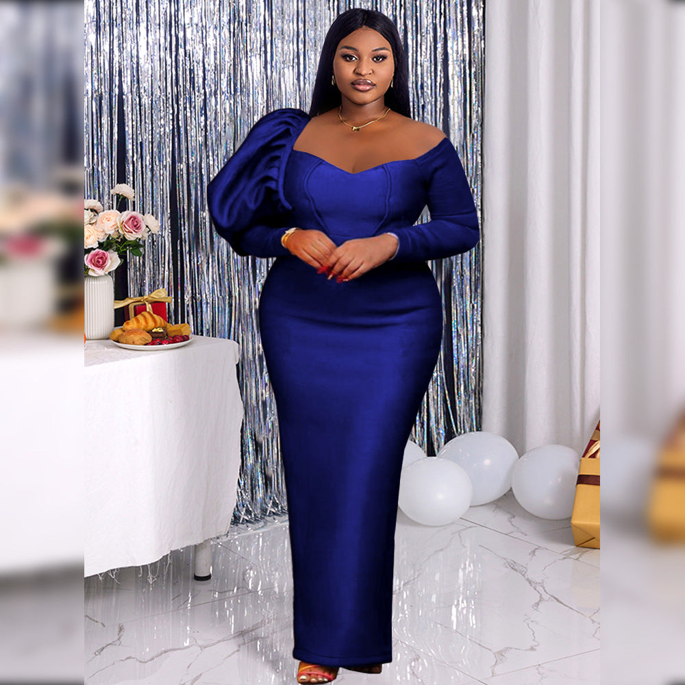 Damen Maxikleid mit schulterfreiem Schnitt und voluminösen Puffärmeln EB