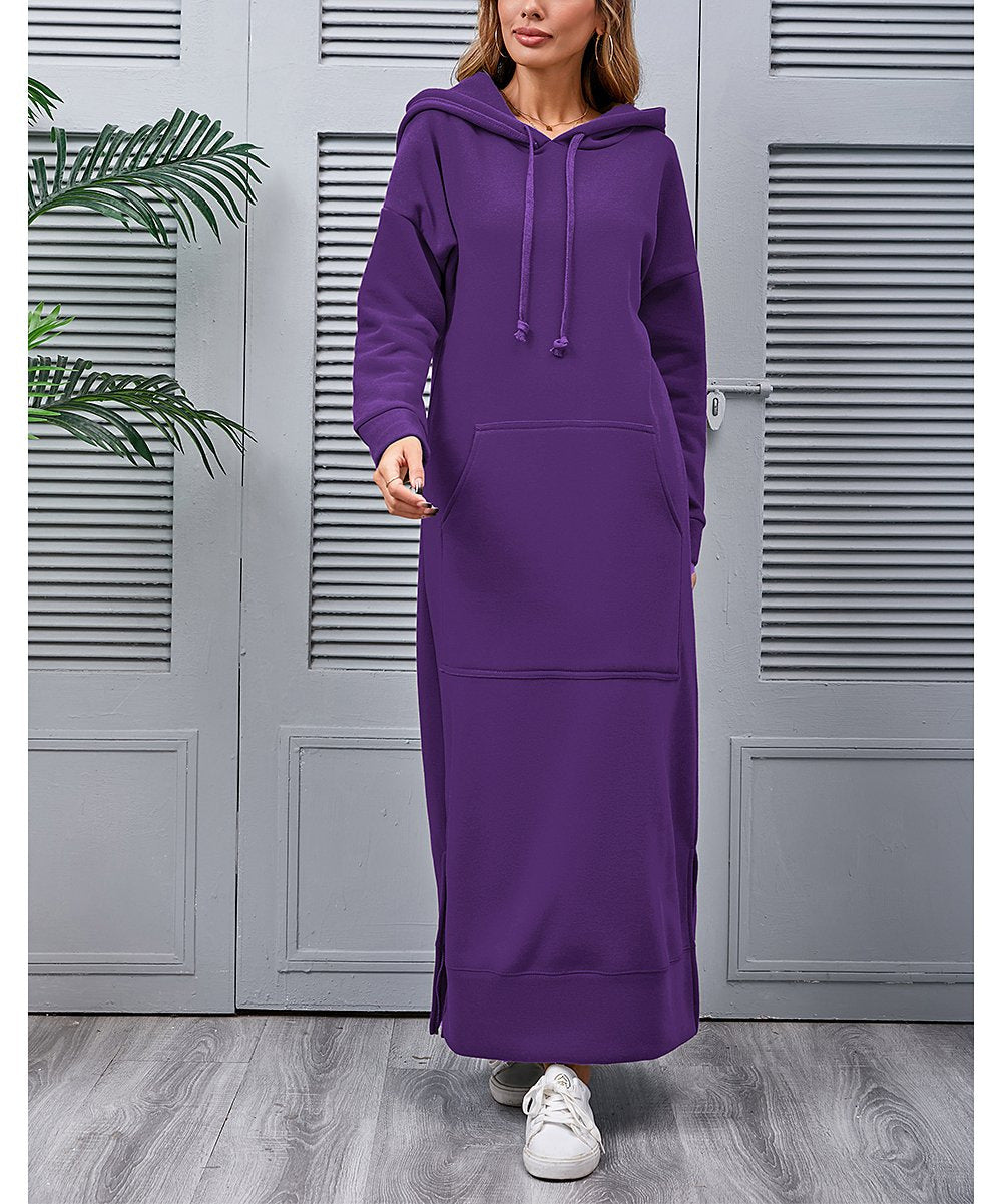 Damen nan langes Kapuzen-Sweatkleid mit Kängurutasche, Seitenschlitzen und lockerer Oversize-Passform EB