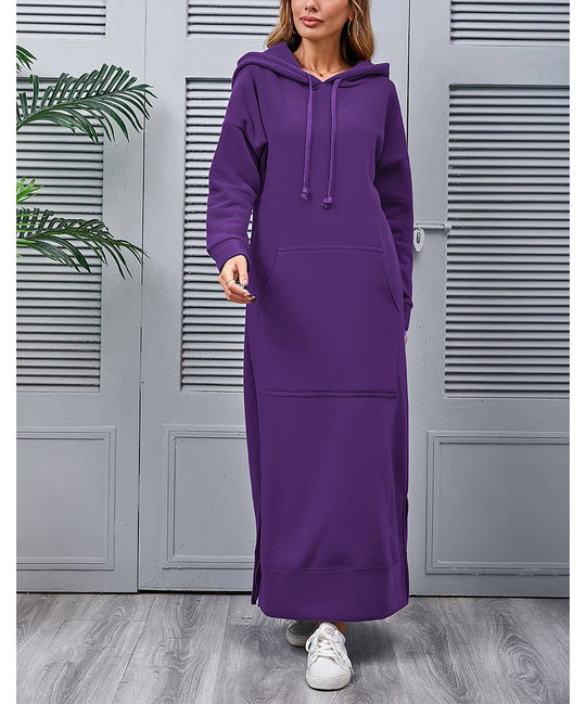 Damen nan langes Kapuzen-Sweatkleid mit Kängurutasche, Seitenschlitzen und lockerer Oversize-Passform EB