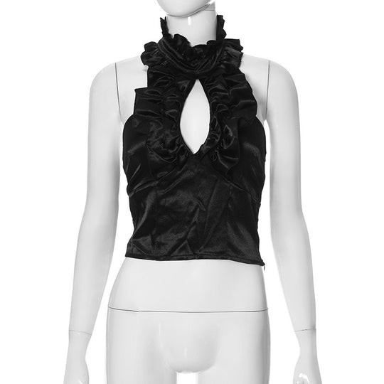 Damen elegantes Top mit rüschendem Stehkragen und tiefem Ausschnitt EB