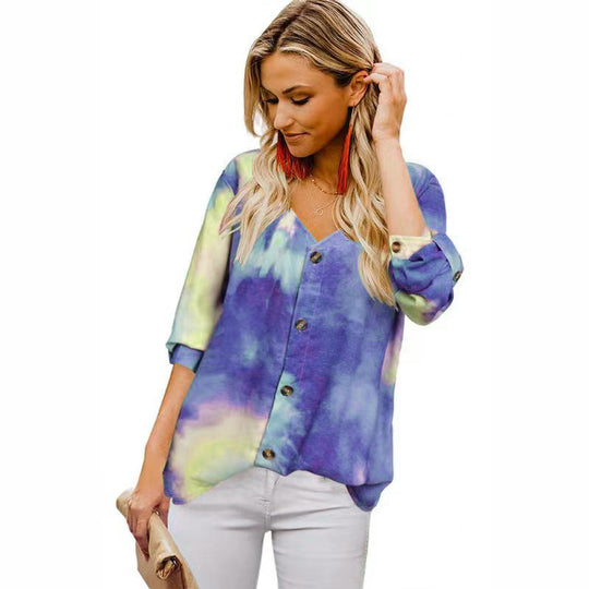 Damen Lässige Bluse mit buntem Farbverlauf und umschlagbaren Ärmel EB