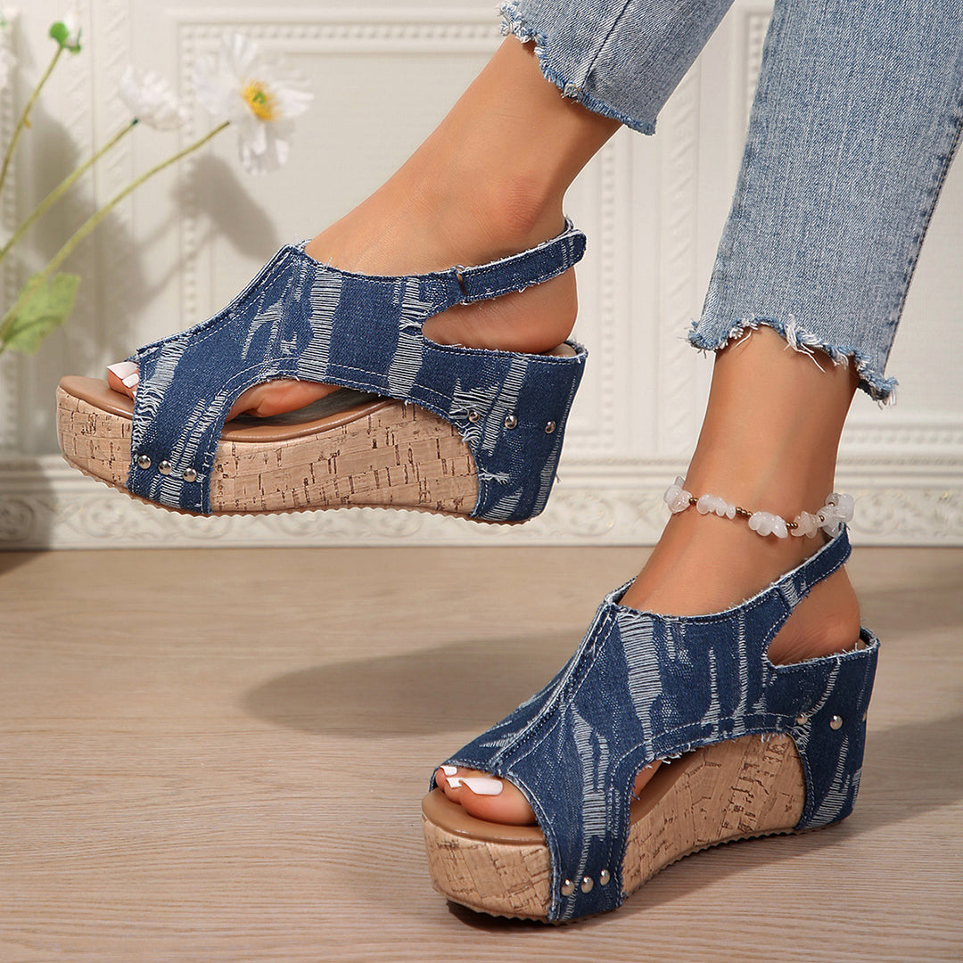 Damen Keil-Sandalen im modischen Denim-Look mit elastischer Fußbettgestaltung EB